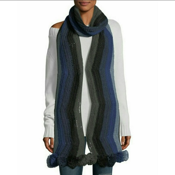 🎄 BCBGMAXAZRIA Crochet Striped Pompom Trim Muffler Elongated Scarf NWT O/S - Picture 3 of 9